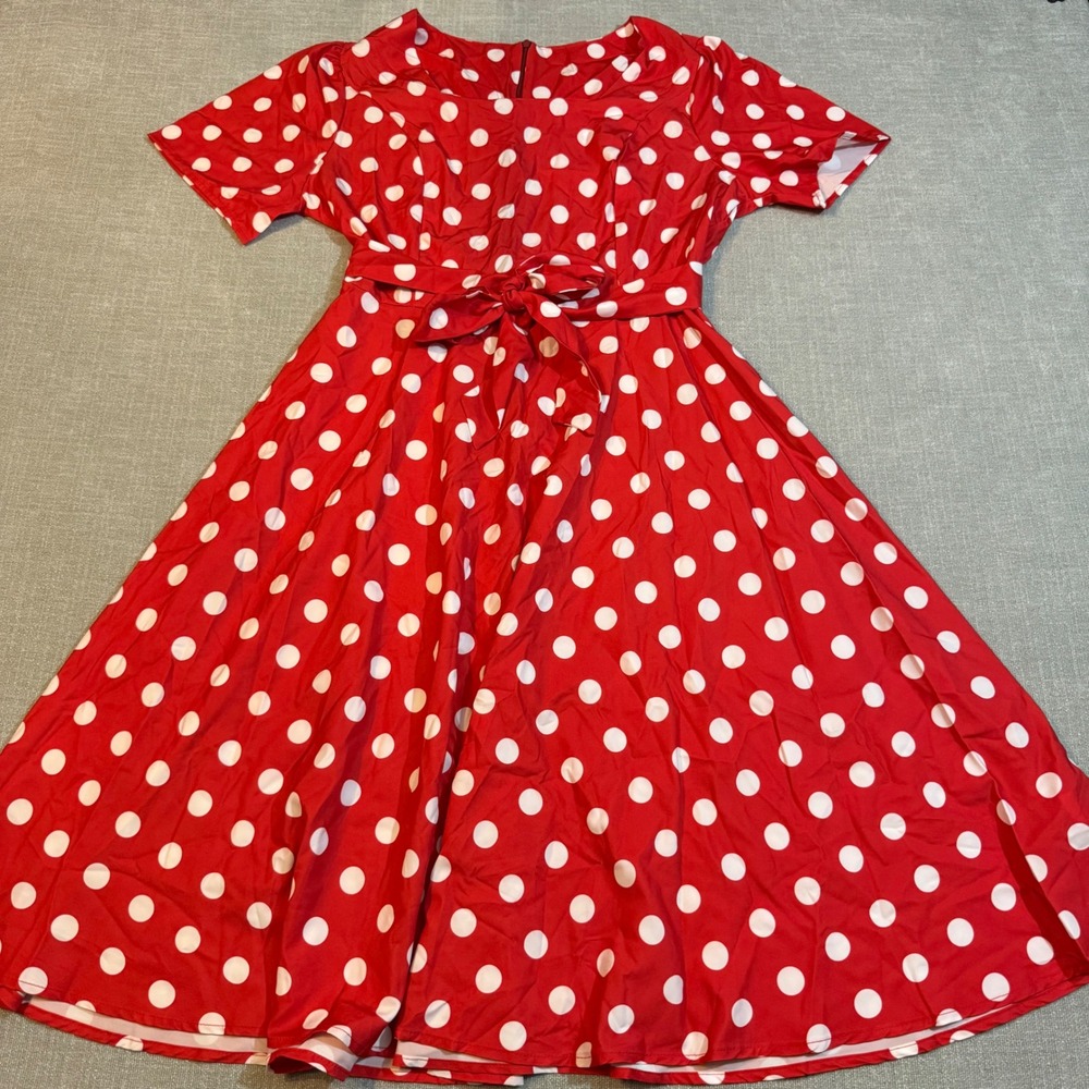 Red Polka Dot Vintage Style Fit and Flare Dress XL Retro Rockabilly Pinup Belted